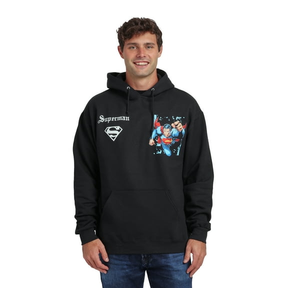 Superman Back Print Oversized Graphic Adult Black Long Sleeve Hoodie-Large
