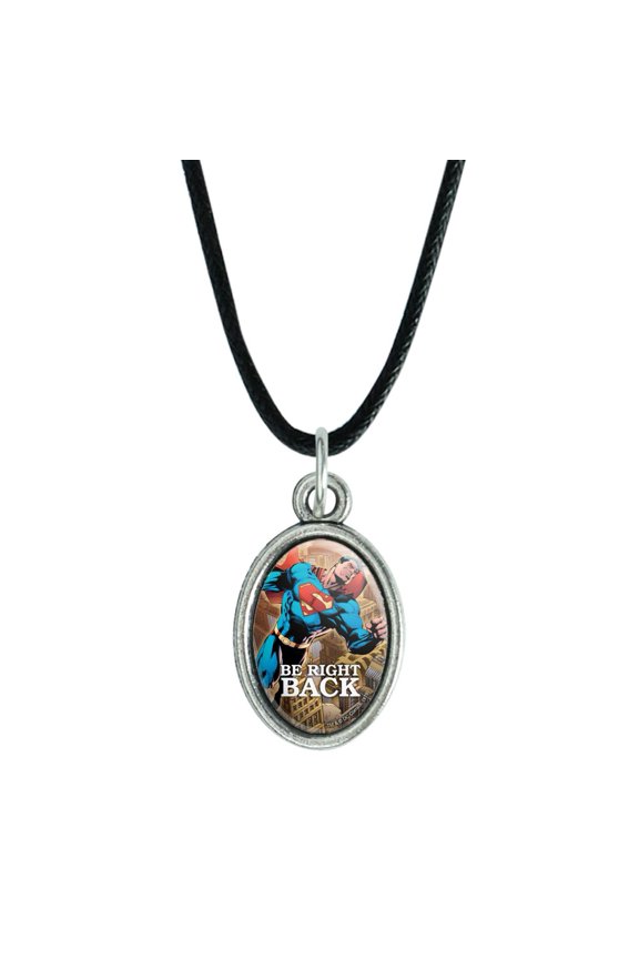 Superman Be Right Back Antiqued Oval Charm Pendant with Black Satin Cord