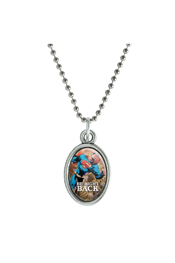 Superman Be Right Back Antiqued Oval Charm Pendant with Chain