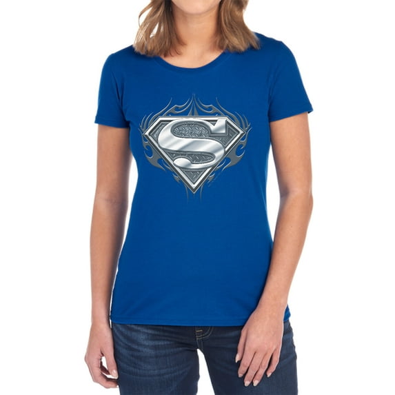 Superman Biker Metal Women's T Shirt, Royal, Medium