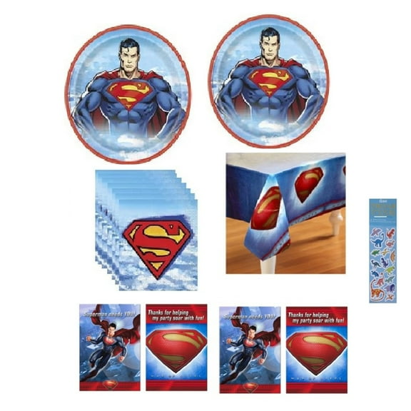 Superman Birthday Party Supplies Bundle includes 16 Plates 9", 16 Lunch Napkins 6.5", 16 Party Invitations, 16 Thank You Notes, 1 Table Cover, 1 Dinosaur Sticker Sheet