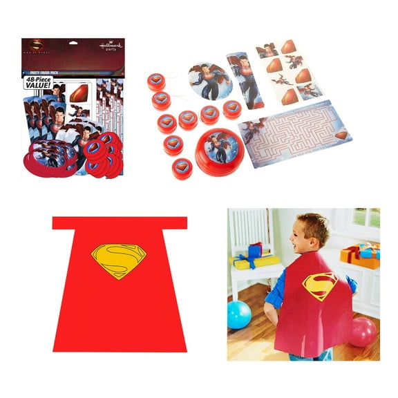 Superman Birthday Party Supplies Bundle includes 48pc Party Favor & 1 Plastic Cape. 48pc Favor Pack includes 8 Yo Yos, 8 Activity Sheets, 8 Bookmarks, 8 Jumbo Stickers, 8 Flying Discs, 8 Tattoos