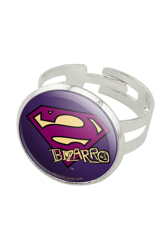 Superman Bizarro Shield Logo Silver Plated Adjustable Novelty Ring