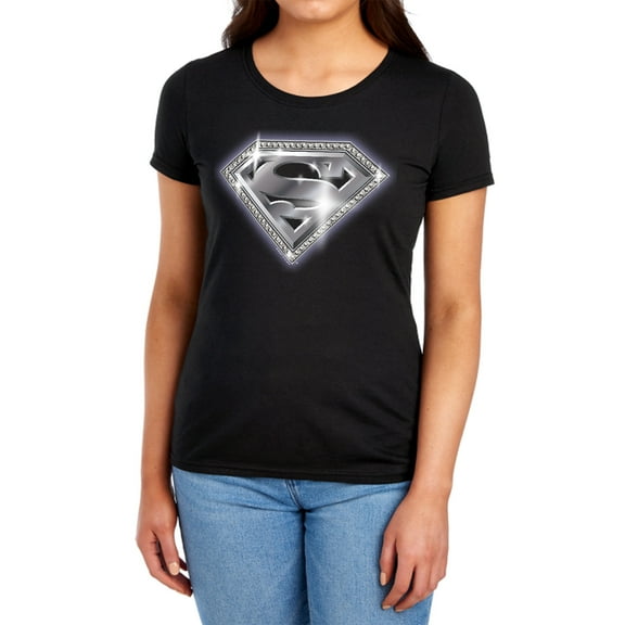 Superman Bling Shield Women's T Shirt (Medium) Black
