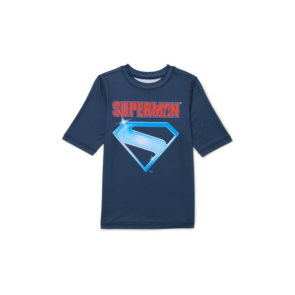 Superman Boys Swim Rash Guard with Short Sleeves, Sizes 4-12