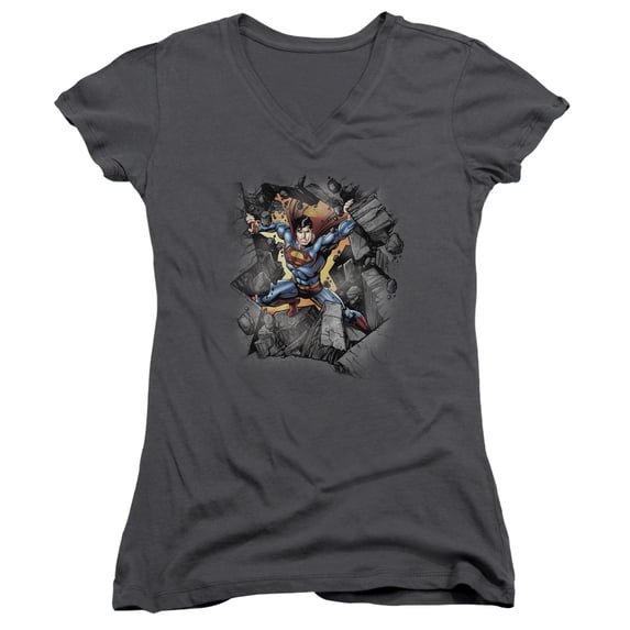Superman Break On Through Junior Women's V-Neck T-Shirt Charcoal