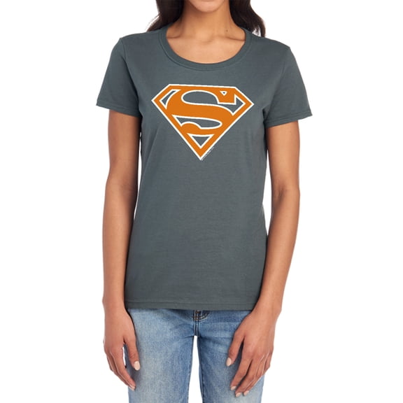 Superman Burnt Orange&White Shield Women's T Shirt, Charcoal, Small