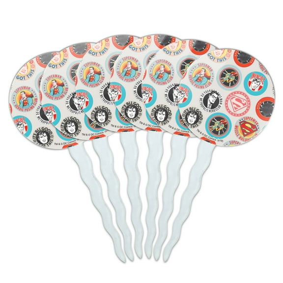 Superman Button Pattern Cupcake Picks Toppers Decoration Set of 6