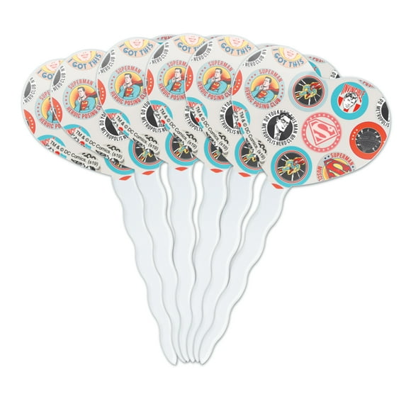 Superman Button Pattern Heart Love Cupcake Picks Toppers Decoration Set of 6