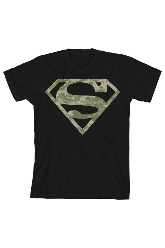 Superman Camo Logo Boy's Black T-shirt-XS