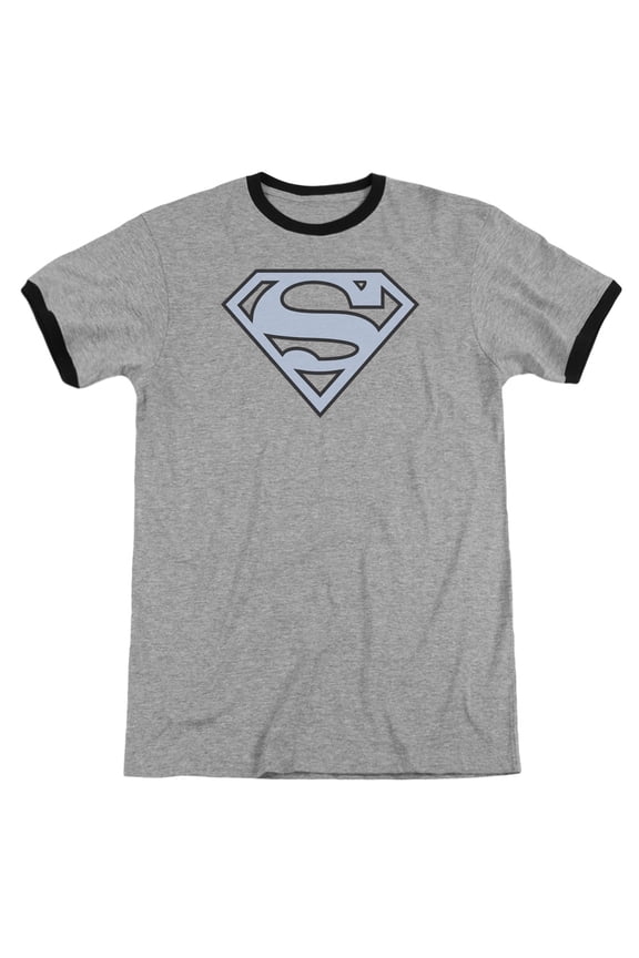 Superman Carolina Blue&Navy Shield Adult Ringer T-Shirt Heather Black