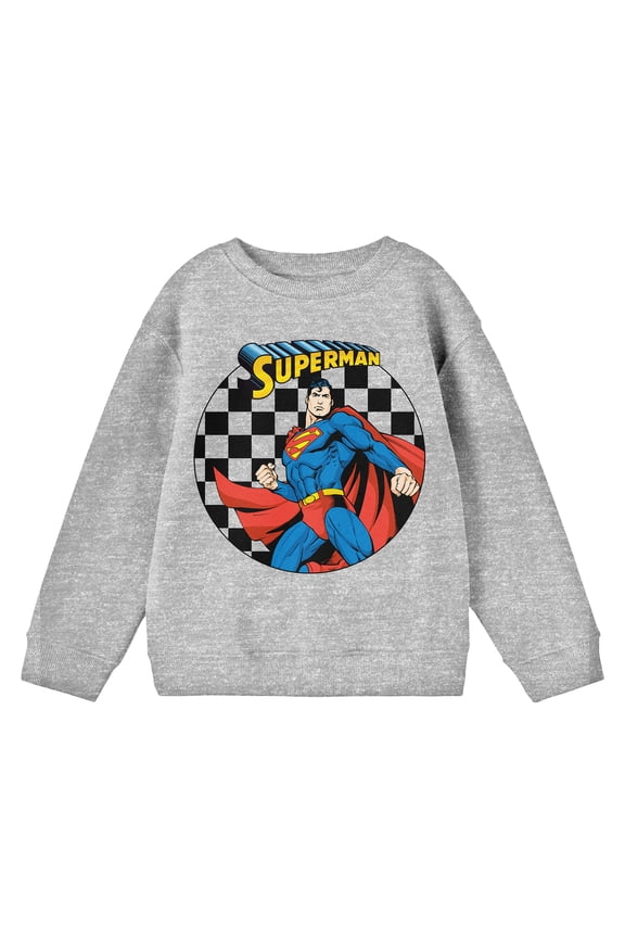 Superman Character with Logo and Checkered Background Youth Heather Gray Crew Neck Sweatshirt-Medium