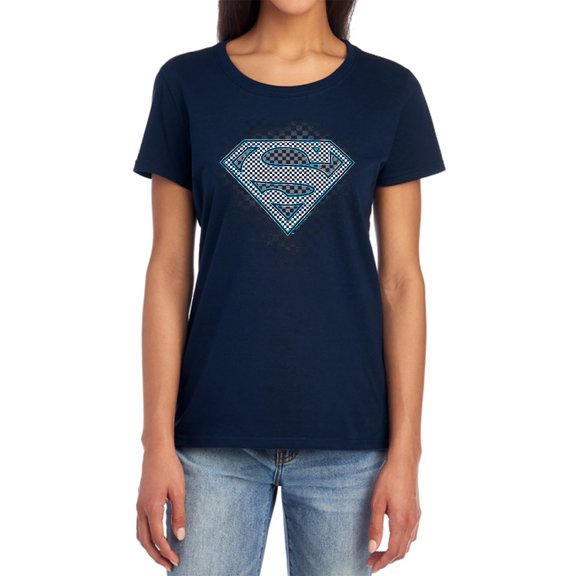 Superman Checkerboard Women's T Shirt, Navy, 2X-Large