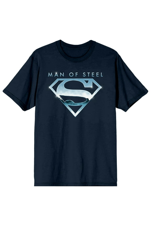 Superman Chrome Logo & Action Pose Adult Navy Blue Crew Neck Short Sleeve T-shirt-Small