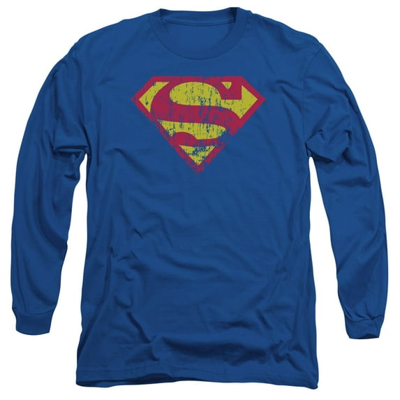 Superman Classic Logo Distressed Long Sleeve Adult 18/1 T-Shirt Royal Blue