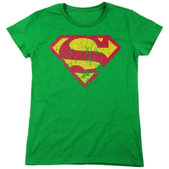 Superman Classic Logo Distressed Women's T Shirt, Kelly Green, 2X-Large