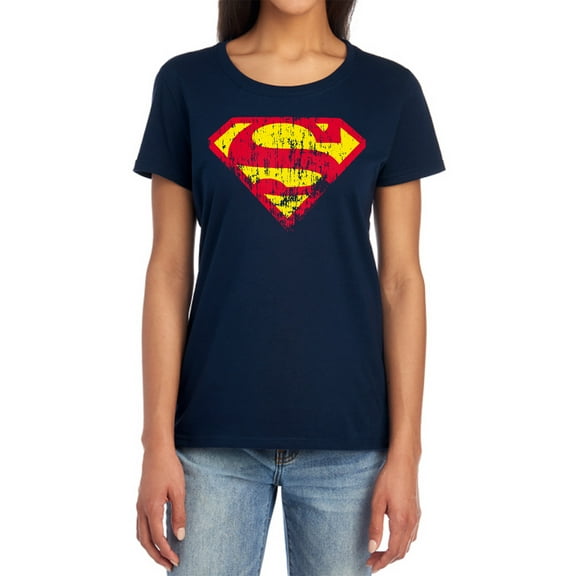 Superman Classic Logo Distressed Women's T Shirt, Navy, Small