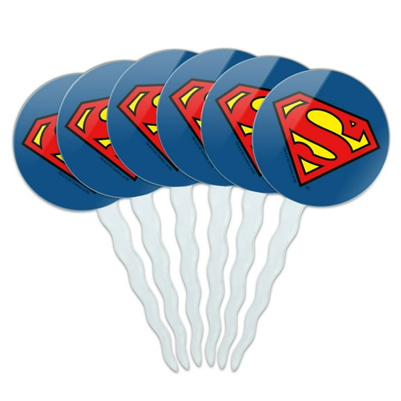 Superman Classic S Shield Logo Cupcake Picks Toppers Decoration Set of 6