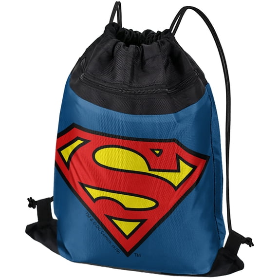 Superman Classic S Shield Logo Drawstring Backpack Sports Bag Sackpack 17" x 13", Perfect for Gym, Yoga or Practice