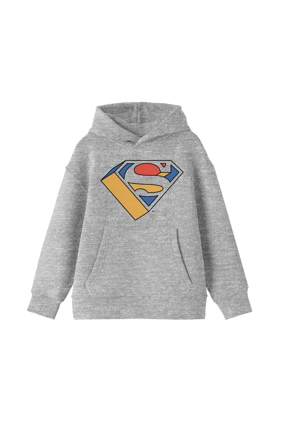 Superman Colorful Logo Youth Boy's Heather Gray Hoodie-XL