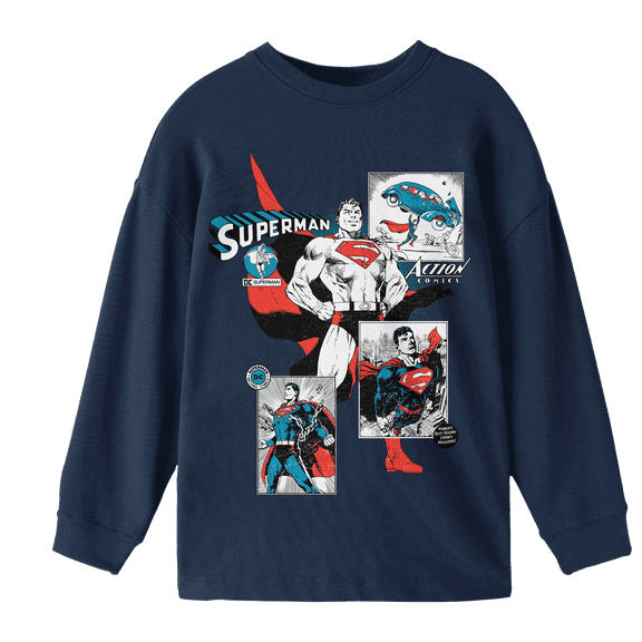 Superman Comic Art Youth Navy Crew Neck Long Sleeve Tee-XS