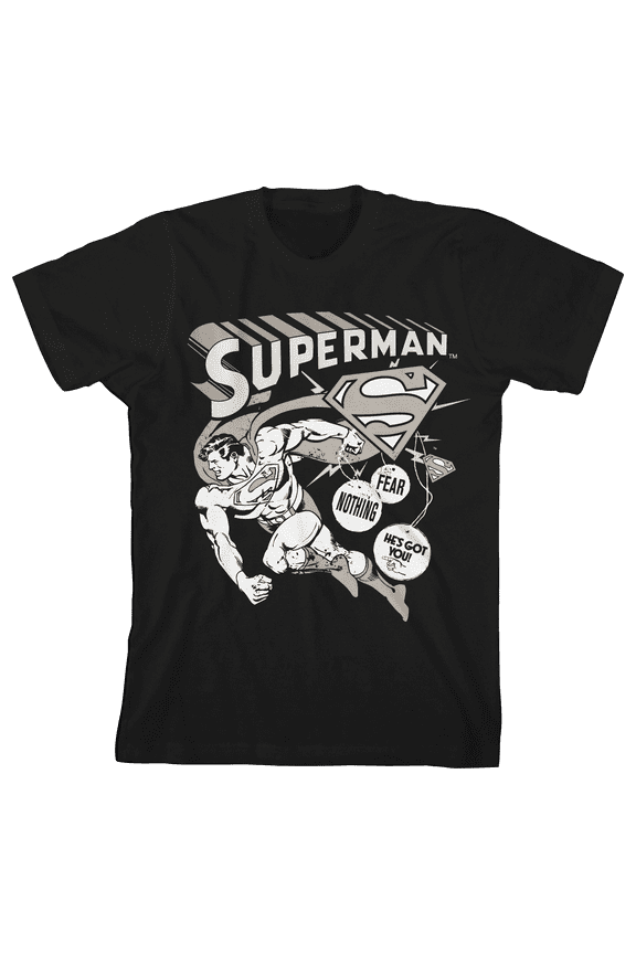 Superman Core White Monochrome Character Art Boy's Black T-Shirt-XL