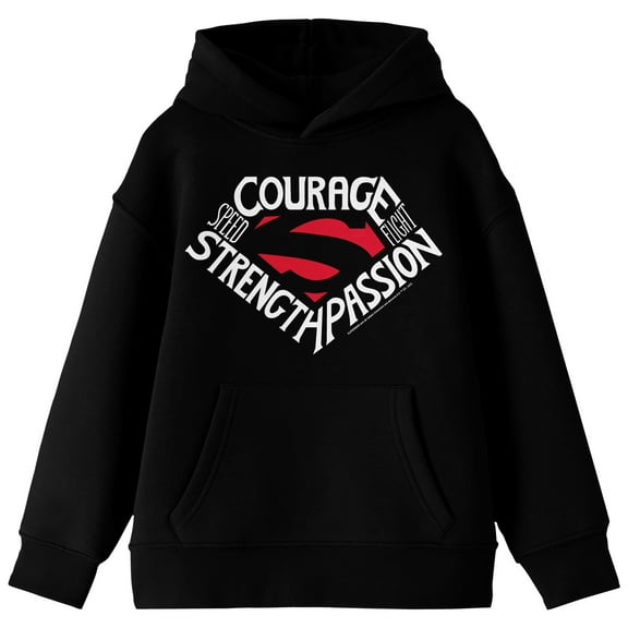 Superman Courage Strength & Passion Distressed Logo Long Sleeve Youth Black Hooded Sweatshirt-Medium