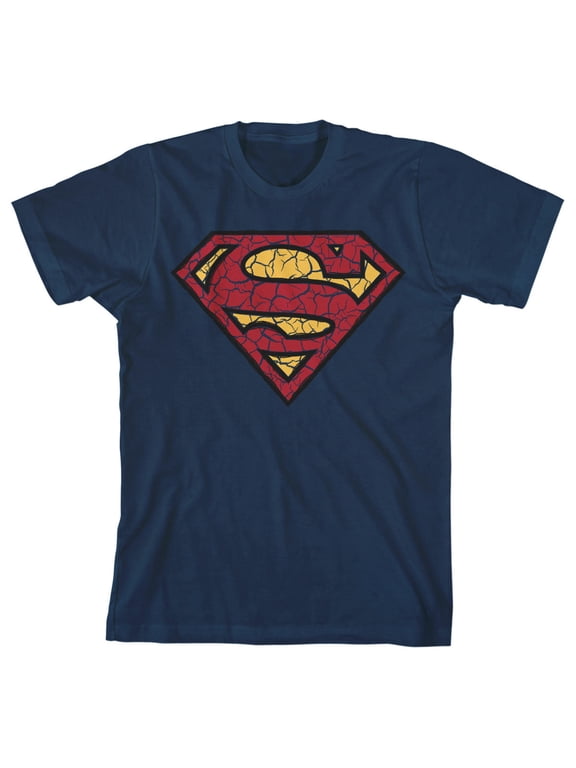 Superman Cracked Shield Logo Youth Navy Blue Graphic Tee-Large