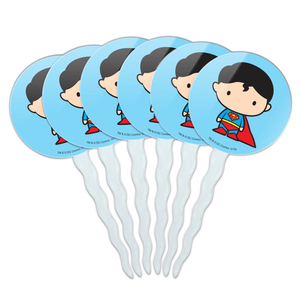 GRAPHICS AND MORE Superman Cute Chibi Character Cupcake Picks Toppers Decoration Set of 6