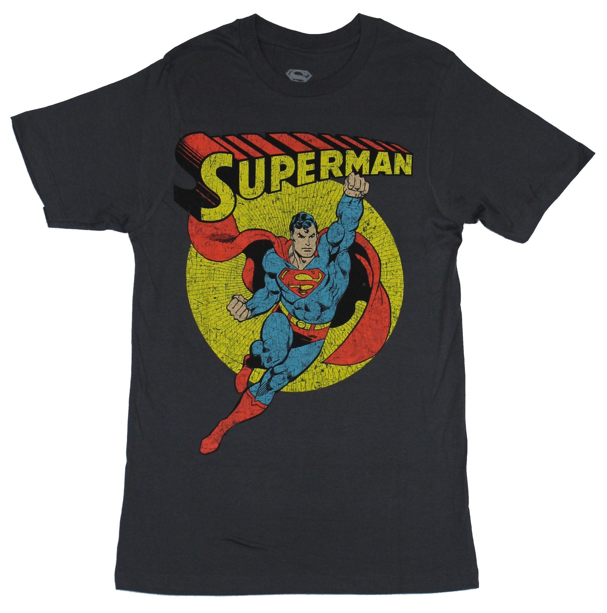T-Shirt Circle Mens Yellow Comics) (DC Distressed - Flying (Small) Superman Superman