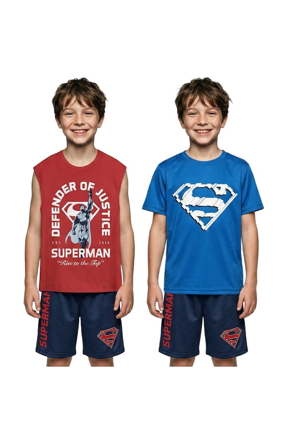 Superman Defender Of Justice Boy's 3-Pack Tee Muscle Shirt & Shorts Combo Set -8