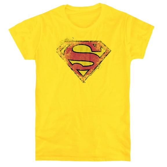 Superman Destroyed Supes Logo Women's T Shirt, Yellow, Small