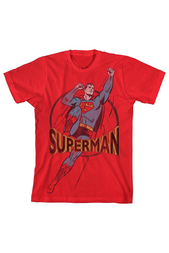 Superman Distressed Flying Pose Boy's Red T-shirt-Small