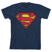 Superman Distressed Logo Youth Boys Navy T-Shirt-Large