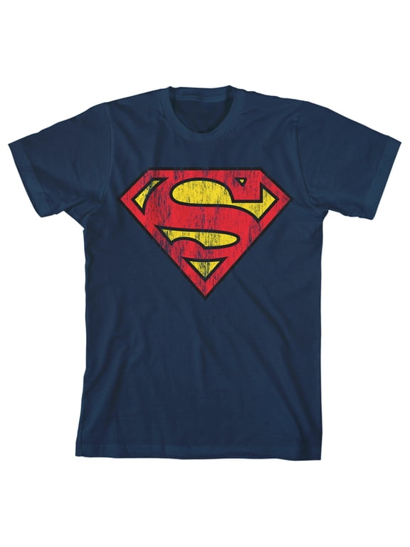 Superman Distressed Logo Youth Boys Navy T-Shirt-Large