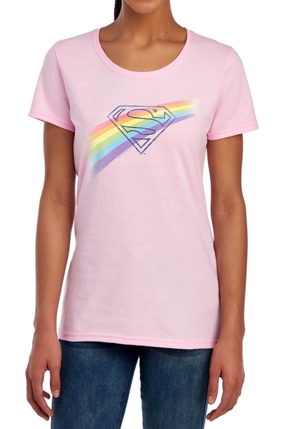 Superman Distressed Outline Women's T Shirt, Pink, X-Large