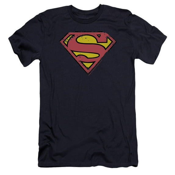 Superman Distressed Shield Premium Adult Slim Fit 30/1 T-Shirt Navy