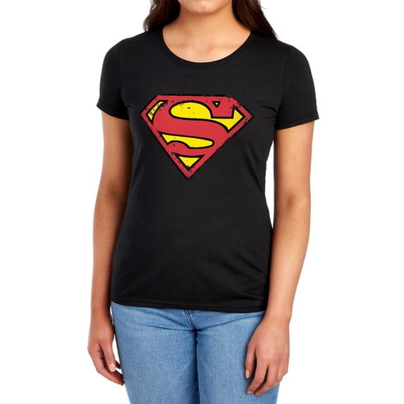 Superman Distressed Shield Women's T Shirt, Black, X-Large
