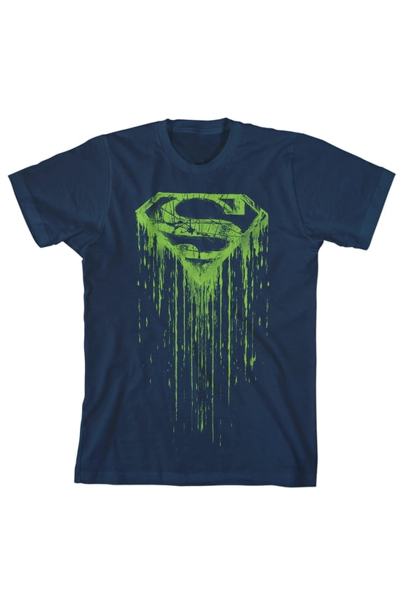 Superman Dripping S Shield Youth Navy Blue Graphic Tee-Medium