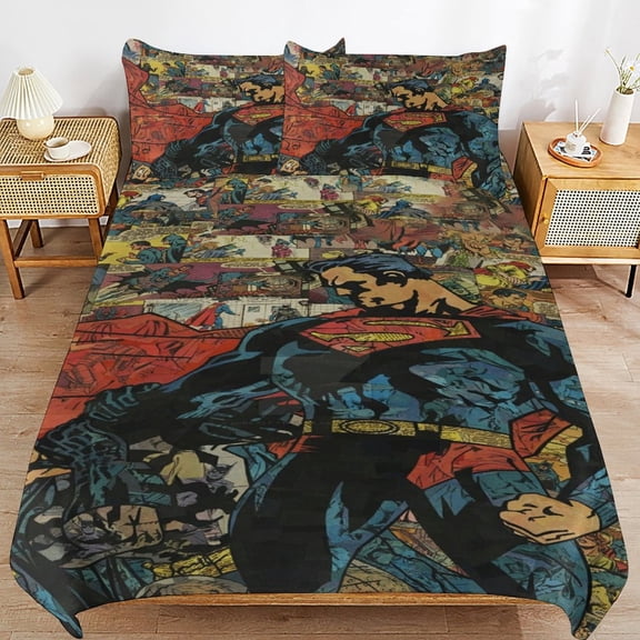 Superman Duvet Cover Bedding Set Cartoon Print Soft Quilt Cover 3 Pieces, 1 Comforter Cover & 2 Pillowcases for Kids Teens Boys Girls Room Decor 86"x70"