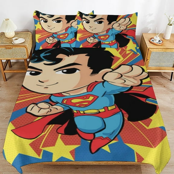 Superman Duvet Cover Bedding Set Cartoon Print Soft Quilt Cover 3 Pieces, 1 Comforter Cover & 2 Pillowcases for Kids Teens Boys Girls Room Decor 86"x70"