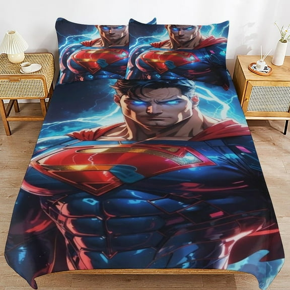 Superman Duvet Cover Bedding Set Cartoon Print Soft Quilt Cover 3 Pieces, 1 Comforter Cover & 2 Pillowcases for Kids Teens Boys Girls Room Decor 86"x70"