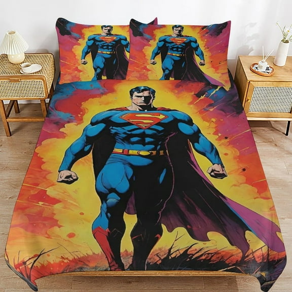 Superman Duvet Cover Bedding Set Cartoon Print Soft Quilt Cover 3 Pieces, 1 Comforter Cover & 2 Pillowcases for Kids Teens Boys Girls Room Decor 90"x90"