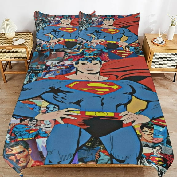 Superman Duvet Cover Bedding Set Cartoon Print Soft Quilt Cover 3 Pieces, 1 Comforter Cover & 2 Pillowcases for Kids Teens Boys Girls Room Decor 90"x90"