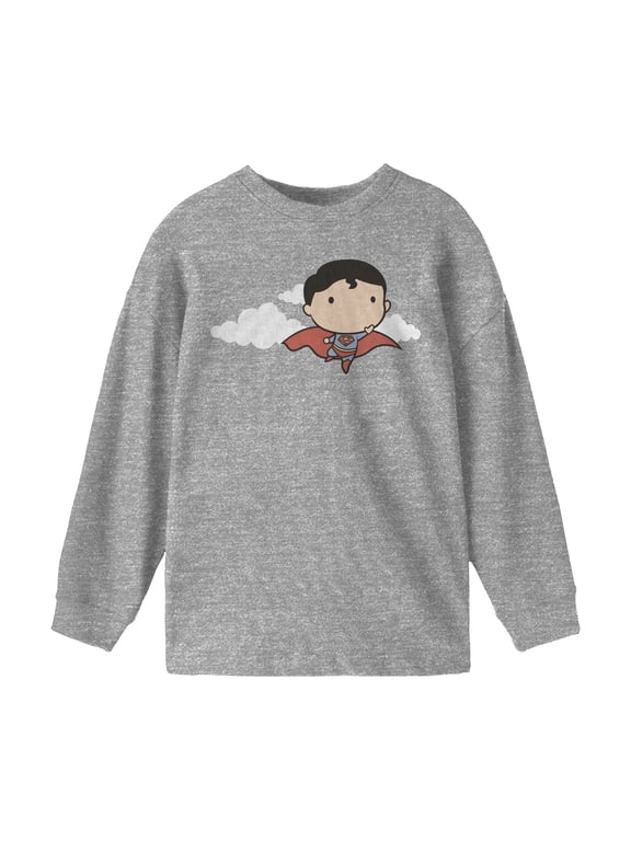 Superman Flying Chibi Superman Boy's Grey Long Sleeve Shirt-XS
