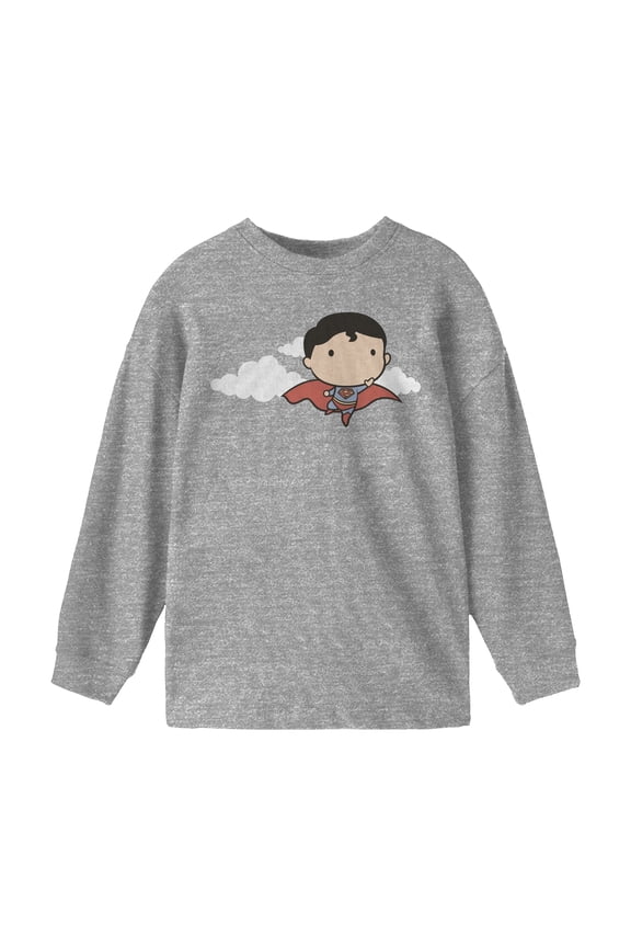 Superman Flying Chibi Superman Boy's Grey Long Sleeve Shirt-S