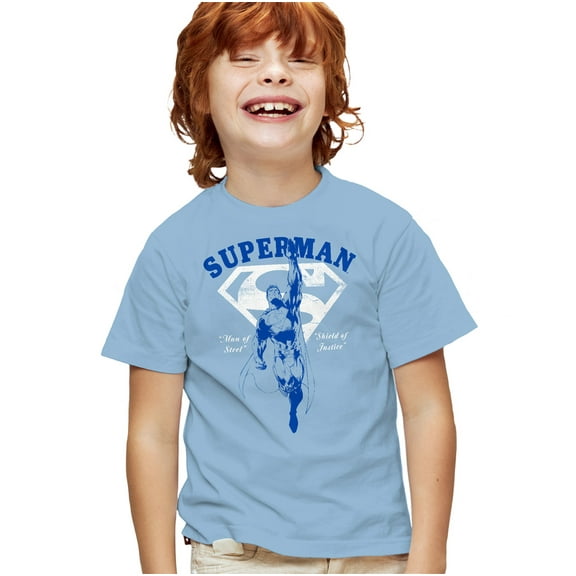 Superman Flying Outline Kids T Shirt for Youth Boys and Girls, Light Blue, X-Small