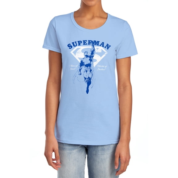 Superman Flying Outline Women's T Shirt, Light Blue, Large