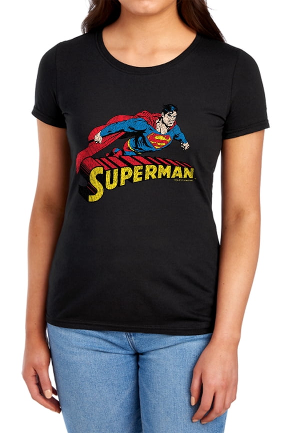Superman Flying Over Women's T Shirt, Black, Large