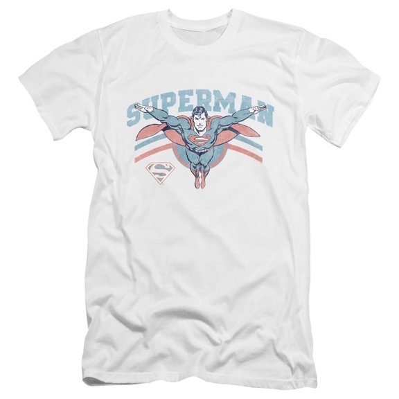 Superman Flying Stripes Unisex Adult Canvas Brand T Shirt, White, Large